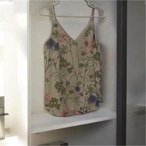 Express Beige Floral V-Neck Cami with Pink & Purple Accents